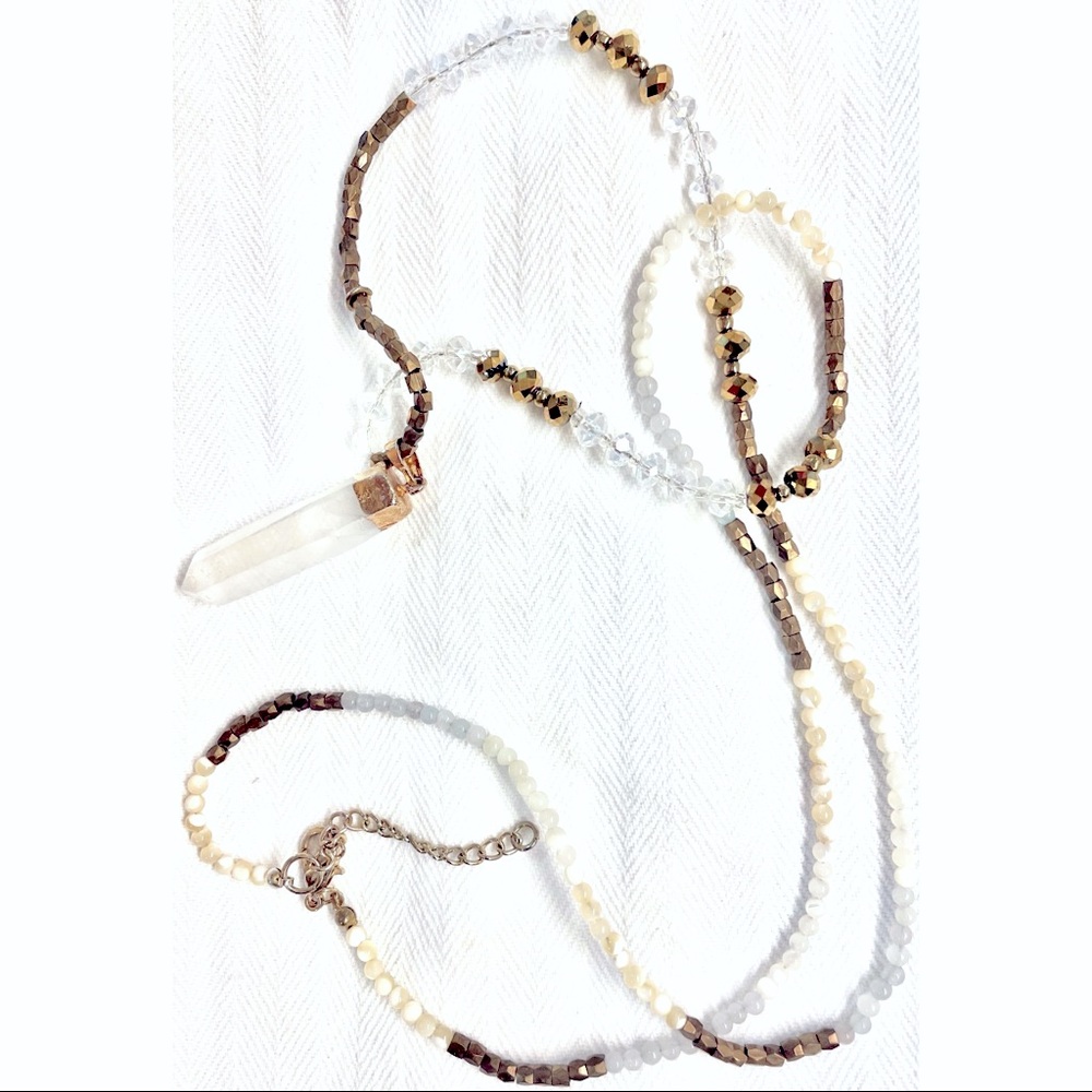 White and Gold Long Pendant Necklace with Crystal Pendant